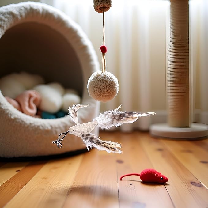 White Burlap Bird Cat Feather Toys, Interactive Toy with Refills, Wand Toy for Indoor Interactive Cat Feather Toys
