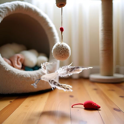 White Burlap Bird Cat Feather Toys, Interactive Toy with Refills, Wand Toy for Indoor Interactive Cat Feather Toys