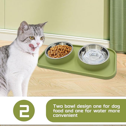 Double Dog Food Bowls Stainless Steel with No Spill Non Skid Silicone Mat Removable Dog Water and Food Bowls Set Durable Feeding for Small Dogs Puppy Cat Kitten(Green)