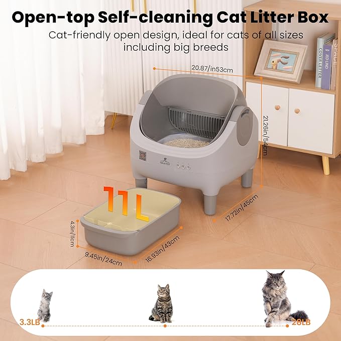 Upgraded Automatic Litter Box Self Cleaning, with Raised Step, Open Top Large Capacity for Multiple Cats, Odor Control & Safety Protection & Smart App Control & Health Monitoring & Quiet Operation
