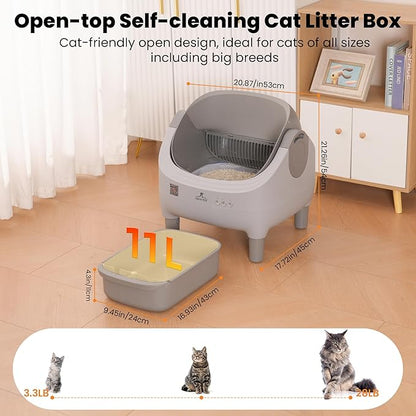 Upgraded Automatic Litter Box Self Cleaning, with Raised Step, Open Top Large Capacity for Multiple Cats, Odor Control & Safety Protection & Smart App Control & Health Monitoring & Quiet Operation