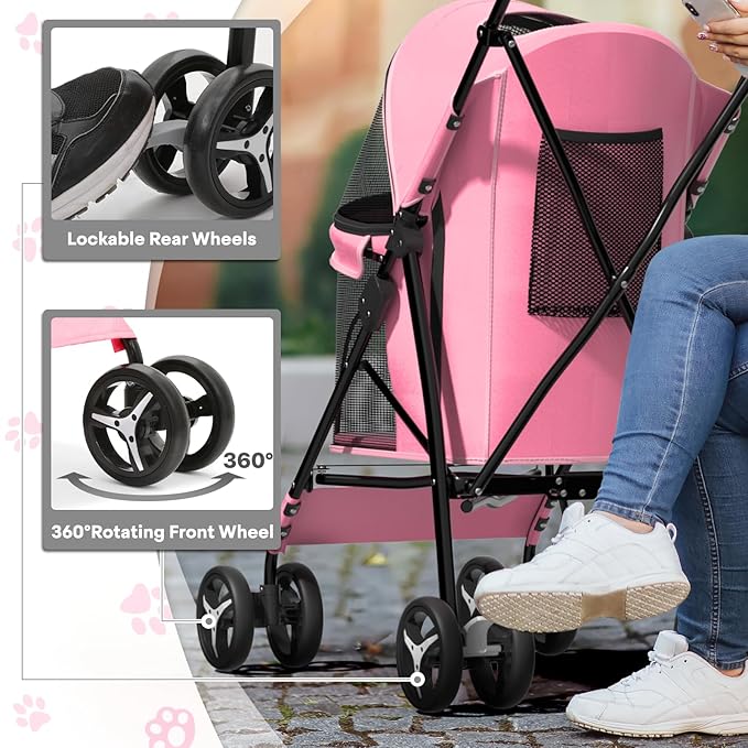 Dog Stroller for Small Dogs 10 lbs -22lbs Puppy Stroller Medium Dog Wagon Small Pet Stroller for Cats, Cat Strollers for 2 Cats, Rear Storage, Pink