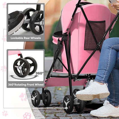 Dog Stroller for Small Dogs 10 lbs -22lbs Puppy Stroller Medium Dog Wagon Small Pet Stroller for Cats, Cat Strollers for 2 Cats, Rear Storage, Pink