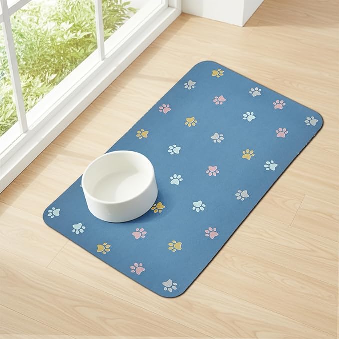 Cat Food Mat Absorbent Dog Mat for Food and Water Non Slip Quick Dry Dog Bowl Mats for Floors 19" X 12" Paw Lake Blue