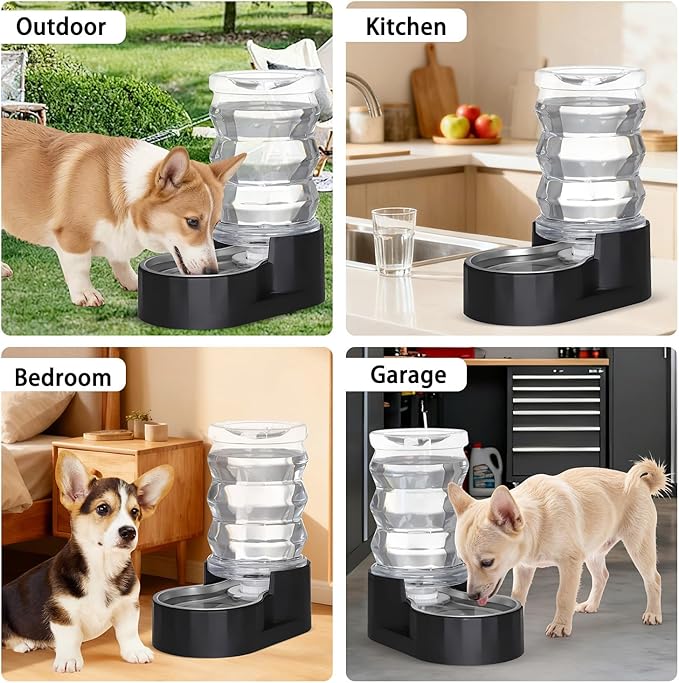 RIZZARI Dog Food Water Dispenser: 6.5L Large Black Stainless Steel Gravity Water Feeder -Removes Odors - Softens Water-Helps Prevent Urinary Stones- ForSmall and Medium-Sized Dogs and Cats