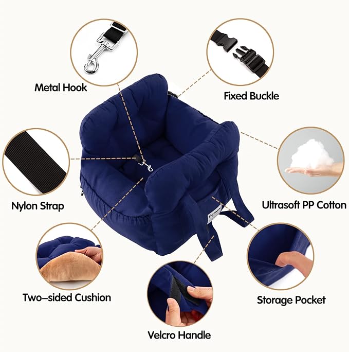 Dog Car Seat for Small Dogs, Portable Puppy Car Seat of Easy Installation, Fashionable Pet Carrier Bag with Large Pockets, Machine Washable Dog Booster Seat (Navy)