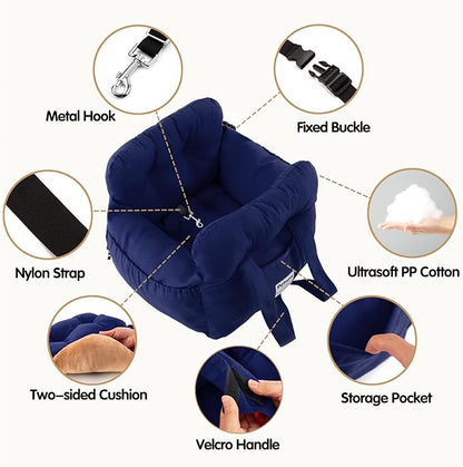 Dog Car Seat for Small Dogs, Portable Puppy Car Seat of Easy Installation, Fashionable Pet Carrier Bag with Large Pockets, Machine Washable Dog Booster Seat (Navy)