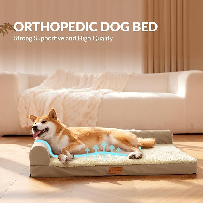 Patas Lague Orthopedic Dog Bed Large Sized Dog 36''X24'', Waterproof L Bolster Medium Pet Sofa Beds with Removable Washable Cover, Soft Comfortable Pet Couch Crate Mat with Nonskid Bottom, Cream
