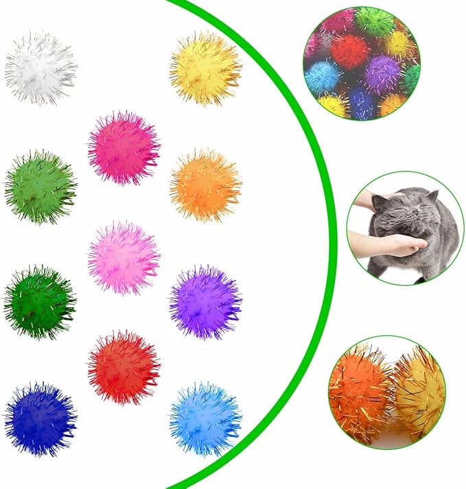 yuntop 70 Pack Assorted Color Sparkle Balls Glitter Tinsel Ball Cat Sparkle Balls Toys Interactive Cats Pom Poms Ball for Kittens Cat's Favorite Toy
