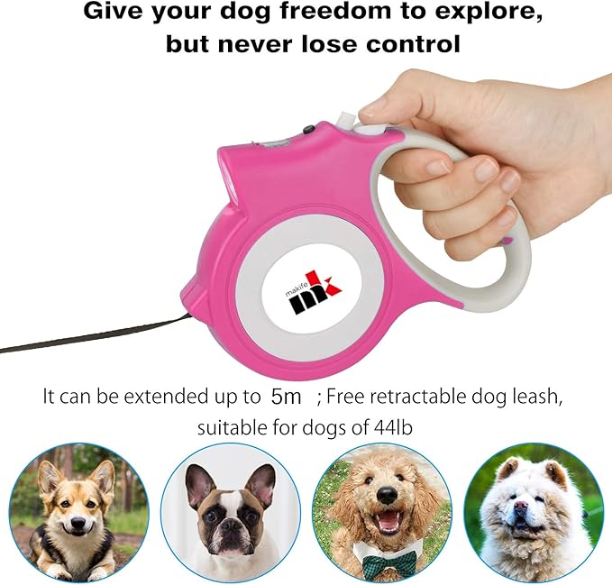 Retractable Dog Leash with LED Light Makife 5m Extendable Dog Lead for Small Medium Puppis up to 25kgs, One-Hand Brake & Lock System, Ergonomic Handle - Pink