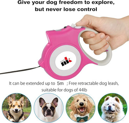 Retractable Dog Leash with LED Light Makife 5m Extendable Dog Lead for Small Medium Puppis up to 25kgs, One-Hand Brake & Lock System, Ergonomic Handle - Pink