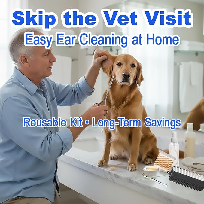 Dog Ear Cleaning Kit for Dogs and Cats, Pet Ear Care Grooming Tool Set with Pet-Safe Silicone Ear Cleaner, Tweezers, Scissors, Cotton Swabs and Cleaning Cloth