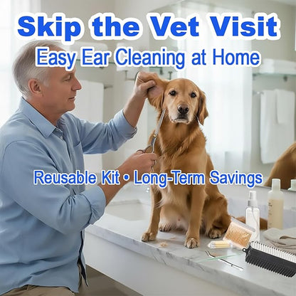 Dog Ear Cleaning Kit for Dogs and Cats, Pet Ear Care Grooming Tool Set with Pet-Safe Silicone Ear Cleaner, Tweezers, Scissors, Cotton Swabs and Cleaning Cloth