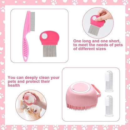 VCZONE 8 Pcs Cat Brush Grooming Kits, Pet Self Cleaning Kit with Pet Nail Clipper and File, Flea Comb, Pet Shampoo Bath Brush, Pet Shedding Brush, Silicone Toothbrush (Pink)