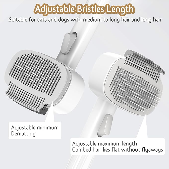 Dog & Cat Brush for Shedding, Self Cleaning Deshedding Brush with Adjustable Bristle Length & Dematting Comb, Skin Friendly Grooming Tool for Long & Medium-Long Hair Pets