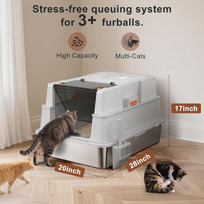 Extra Large Enclosed Stainless Steel Cat Litter Box with Lid - XXXL Giant Metal Enclosed High Sides Litter Boxes for Multi-Cat Households and Overweight Cats - Black