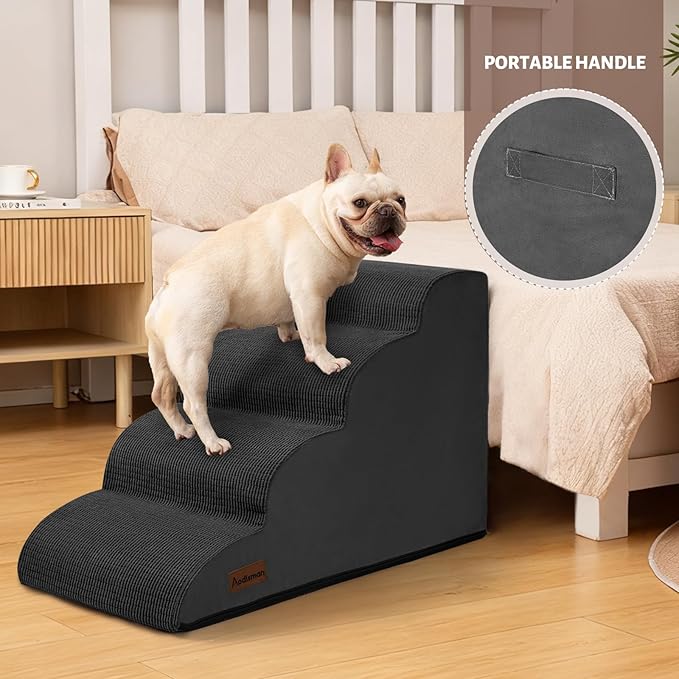Dog Steps for Bed, 4-Step Dog Stairs Ramp for Small Dogs and Cats, Indoor Non-Slip Pet Stairs Suitable for Older, Short-Legged, and Puppy Dogs to Climb Onto High Beds and Couch, 17.4" H,Black