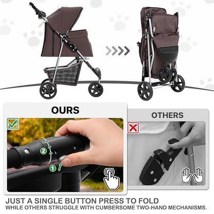 MoNiBloom Foldable Dog Strollers for Small Dogs with Weather Cover, 3 Wheels Pet Strolling Cart for Dogs and Cats with Storage Basket and Cup Holder, Breathable and Visible Mesh for All-Season, Coffee