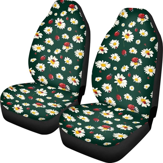 Cute Ladybug Car Seat Covers Front Seats Only for Women Daisy Front Seat Covers Universal Fit for Most Cars, Trucks, SUV, Van, Sedan, 2 Pcs Interior Auto Accessory, Green