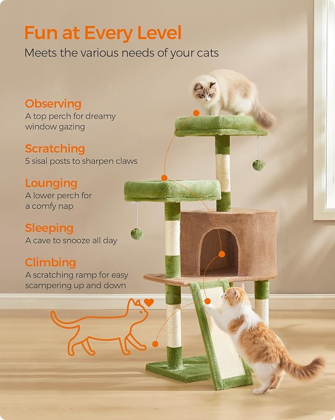 Feandrea Cat Tree, 45.3-Inch Cat Tower, Plush Condo with Scratching Post, Ramp, Perch, Spacious Cave, for Small Space, Grass Green and Camel Brown UPCT141CB03