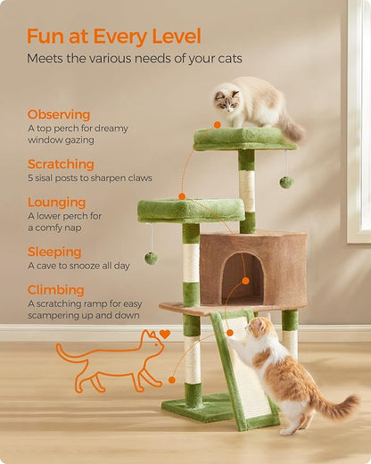 Feandrea Cat Tree, 45.3-Inch Cat Tower, Plush Condo with Scratching Post, Ramp, Perch, Spacious Cave, for Small Space, Grass Green and Camel Brown UPCT141CB03