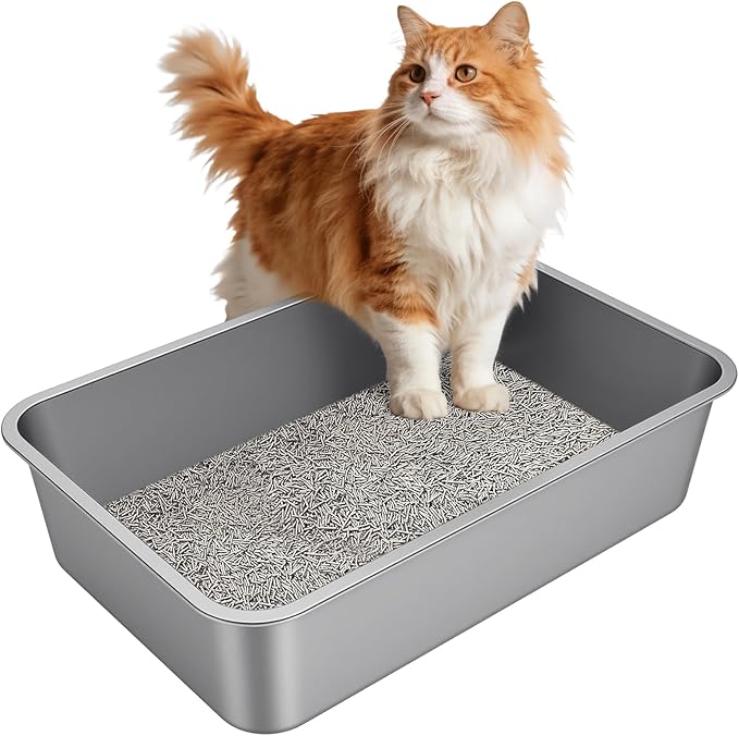 X-Large Stainless Steel Litter Box with High Sided, Metal Cat Litter Box, Odor-Free Non-Stick Litterbox Pan, Easy to Clean Pet Supplies Toilet Tray for Indoor Cats, Kittens or Multicat Homes