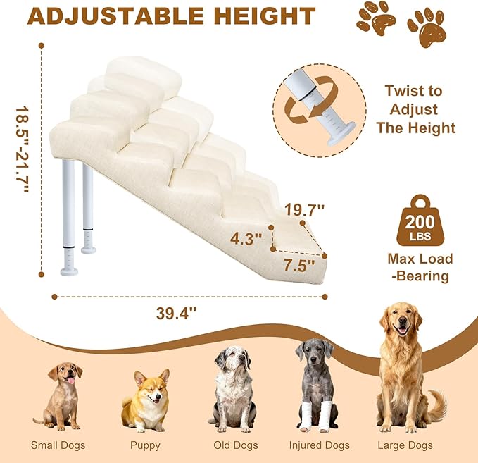 Adjustable Dog Stairs & Ramp for Cats and Dogs, 5-Step Pet Stairs for High Beds and Couch, 18.5"–23.6" Height, Linen Faux Leather, Waterproof, Scratch-Resistant, Non-Slip Indoor Pet Ramp