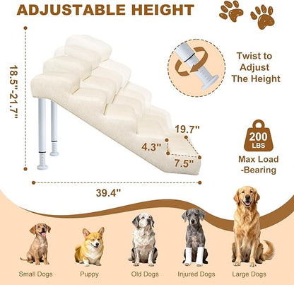 Adjustable Dog Stairs & Ramp for Cats and Dogs, 5-Step Pet Stairs for High Beds and Couch, 18.5"–23.6" Height, Linen Faux Leather, Waterproof, Scratch-Resistant, Non-Slip Indoor Pet Ramp
