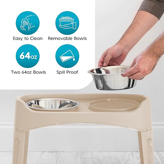 IRIS USA Adjustable Elevated Dog Bowls, Raised Feeder with 2 Stainless Steel 64 oz Bowls, Spill-Guard Rim, 12.25" or 4.63" Heights, Durable Plastic, Made in USA, Almond