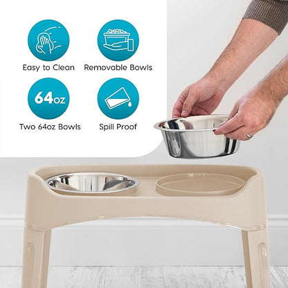 IRIS USA Adjustable Elevated Dog Bowls, Raised Feeder with 2 Stainless Steel 64 oz Bowls, Spill-Guard Rim, 12.25" or 4.63" Heights, Durable Plastic, Made in USA, Almond