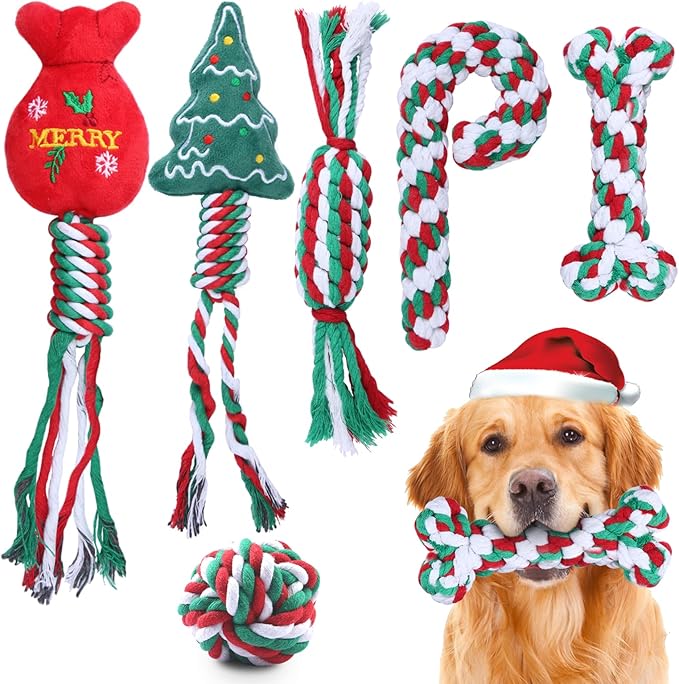 6 Pack Christmas Dog Rope Toys, Chew Rope Toy for Puppy Small Medium Dogs, Natural Cotton Dog for Teeth Cleaning, Dog Interactive Chewing Toys