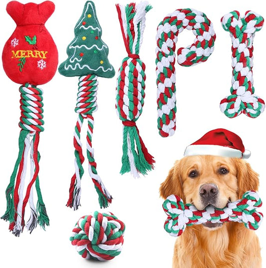 6 Pack Christmas Dog Rope Toys, Chew Rope Toy for Puppy Small Medium Dogs, Natural Cotton Dog for Teeth Cleaning, Dog Interactive Chewing Toys