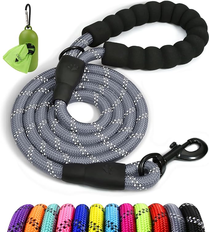 Taglory Rope Dog Leash 4 FT with Comfortable Padded Handle, Highly Reflective Threads Leash and Anti-Tangle Clip for Walking Small Dogs, 3/8 inch, Grey