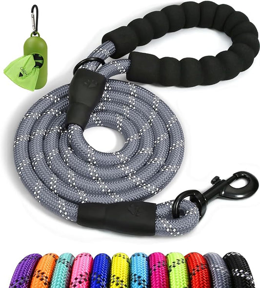 Taglory Rope Dog Leash 4 FT with Comfortable Padded Handle, Highly Reflective Threads Leash and Anti-Tangle Clip for Walking Small Dogs, 3/8 inch, Grey