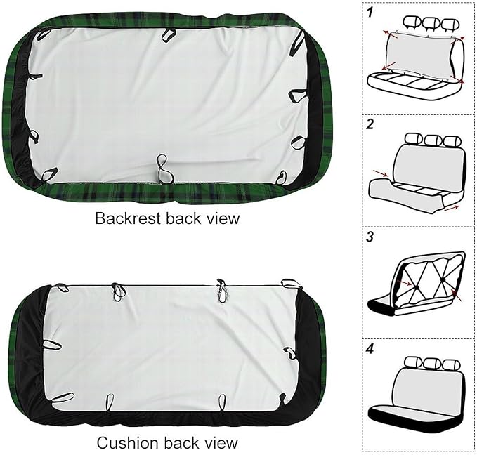 Car Interior Decor Seat Cover, Fashion Universal Stretch Back Seat Protector, Car Accessories Rear Bench Seat Covers for Trucks SUV Compatible with Black Green Scottish Tartan Plaid Art