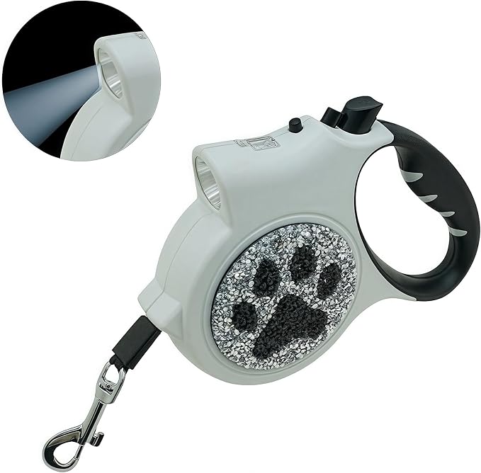 Led Retractable Dog Leash – 16ft Leash with Handcrafted Sparkle Detail Tangle-Free One-Hand Brake Soft Grip Handle for Small & Medium Dogs Up to 77lbs (DL-White)