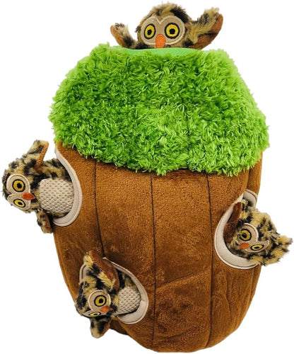 Glow Pups Hide and Seek Dog Toy Squeaky Plush Owl in Tree, Interactive Burrow, Promotes Mental Stimulation, Easy to Clean, Whimsical Green Design (Set of 4, Medium)