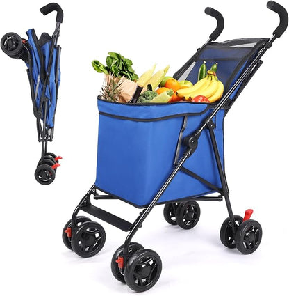 Wedyvko Pet Dog Stroller, 4 Wheel Foldable Cat Dog Stroller with Storage Basket, Handle 360° Front Wheel Rear Wheel with Brake for Small Medium Dogs & Cats (Blue)