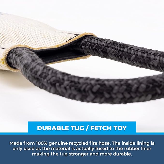 Rock-N-Rescue Hound Hose Firehose Dog Toy - Interactive Training Tug Rope from Durable Recycled Fire Hose. Indoor Outdoor Fetch Toy, Small with Rescue Rope Handles