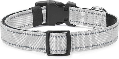Reflective Dog Collar Padded with Soft Neoprene Breathable Quick Release Basic Dog Collars for Medium Large Dogs Boy Girl Silver