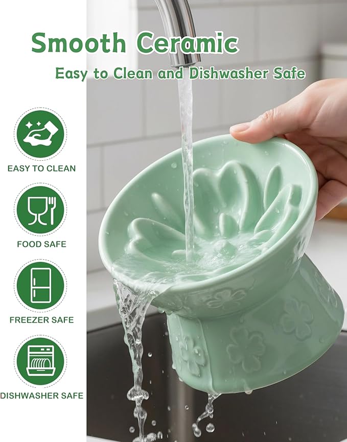 TRUVIC Ceramic Slow Feeder Cat Bowl, 15° Tilted Elevated Cat Slow Eating Bowl for Neck Protection, Anti Vomiting Dog Slow Feeder, Whisker Friendly & No Black Chin for Cats and Small Dogs, Green