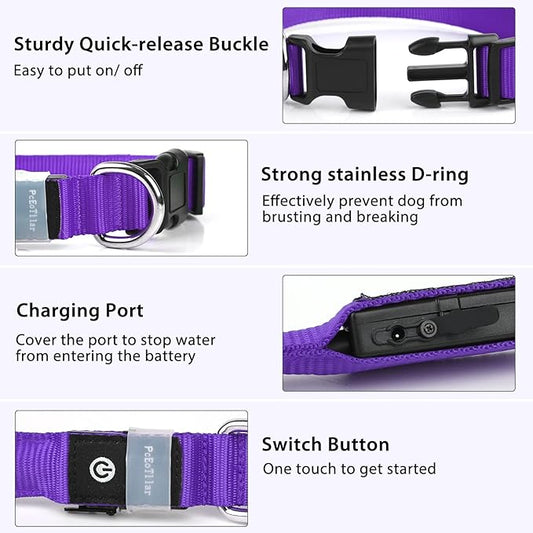 PcEoTllar Light up Dog Collar for Night Walking - LED Dog Collar Light Rechargeable Color Changing, Glow in the Dark Dog Collars Waterproof Glowing Dog Collars for Large Small Medium Dogs