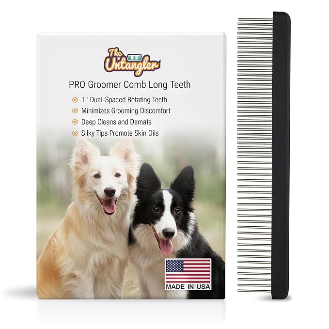 Professional Comb with Long 1" Silky Smooth Rotating Teeth for Large Breeds (Mat Black 7.5")