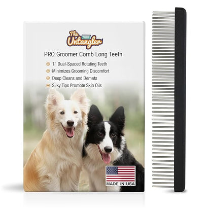 Professional Comb with Long 1" Silky Smooth Rotating Teeth for Large Breeds (Mat Black 7.5")