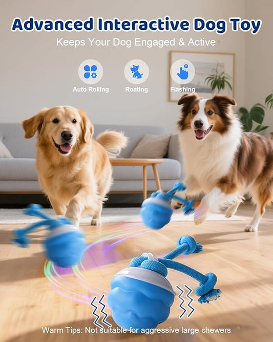 Interactive Dog Toys with Rope -Smart Dog Ball Built-in Barking Sound, Motion Activated USB-C Rechargeable Dog Toy with 3 Play Modes for Medium & Large Dogs (Blue)