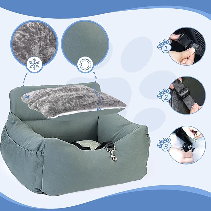 Dog Car Seat for Small Dogs, Pet Booster Seat with Clip-On Safety Leash and Storage Pockets, Washable Travel Dog Car Bed for Puppy (Gray Green)