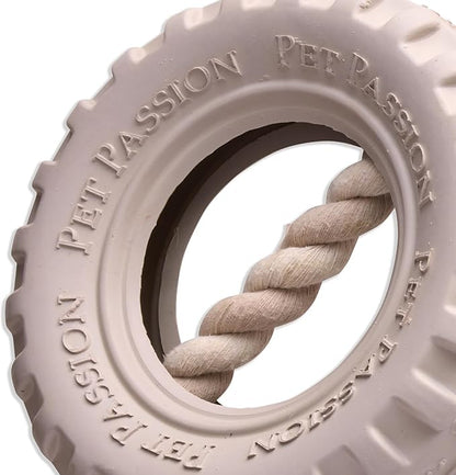 Natural Rubber Tire and Organic Cotton Rope Pull and Chew Dog Toy for All Pet Breeds, Almond Milk, Large