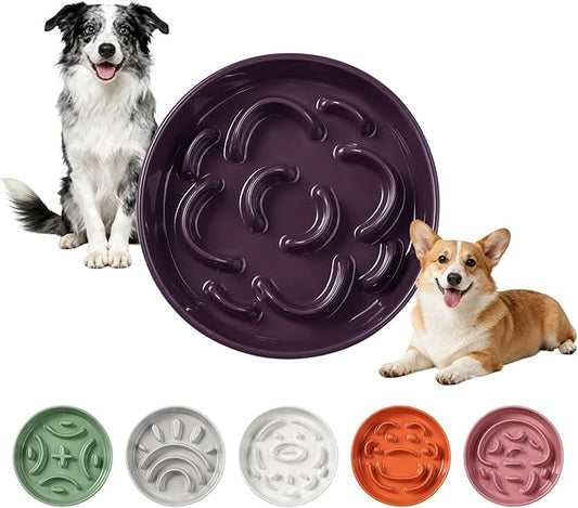 Ceramic Slow Feeder Dog Bowl - Maze Dog Bowl to Slow Down Eating - Feeding Dish for Fast Eaters - Ideal Food Control Dish for Medium to Large Breeds - 8.2 Inch - 1.8 Cups (180g) - Purple