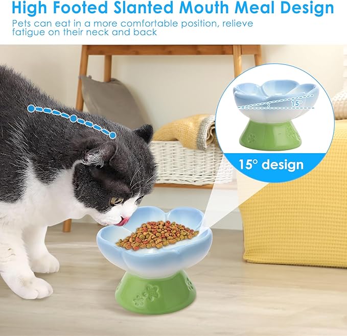 Ceramic Raised Slow Feeder Dog Bowl for Dry Wet Food, Smooth Surface Elevated Cat Food Bowl, Flower Shape Pet Food Bowls for Small Cat Dog, 150ml/5oz (Style 1)