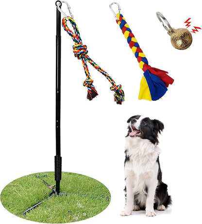 Tether Outdoor Dog Toy,Interactive Exercise Game in Yard Park Tug of War for Large Medium Small Dog Puppy with 2 Rope Toy and Bell Pull Chase and Solo Play